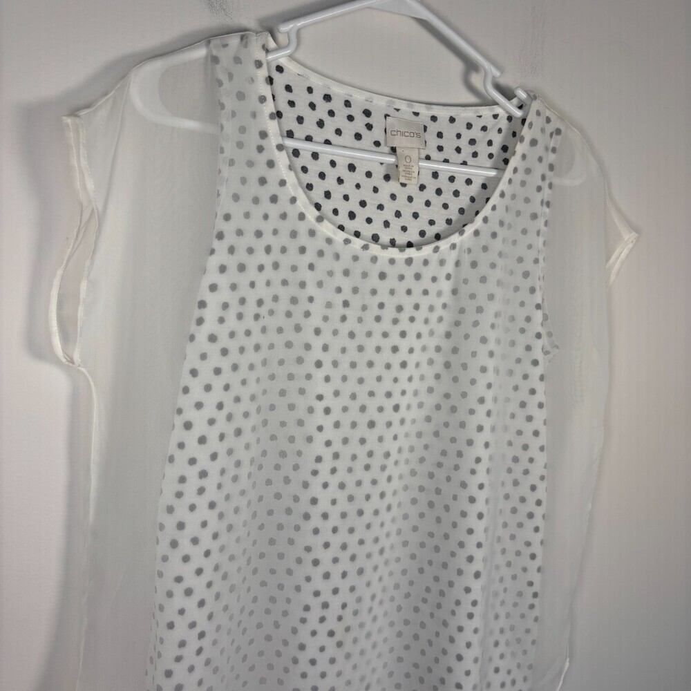 CHICO'S Ditsy Polka Dot Overlay Tunic Womens S White Black Cap Sleeve Sheer